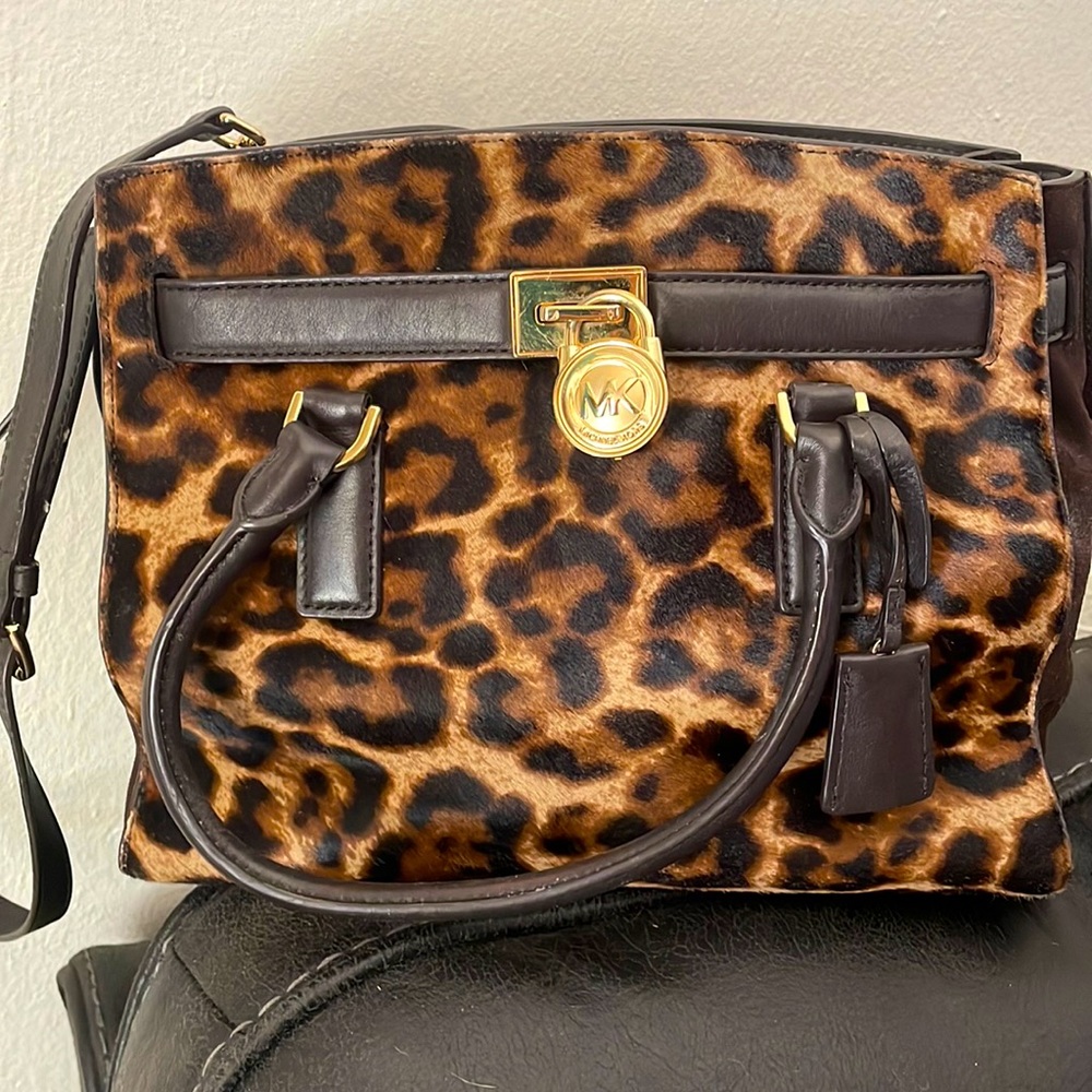 MK BROWN LEATHER AND CALF HAIR, ANIMAL PRINT HANDBAG